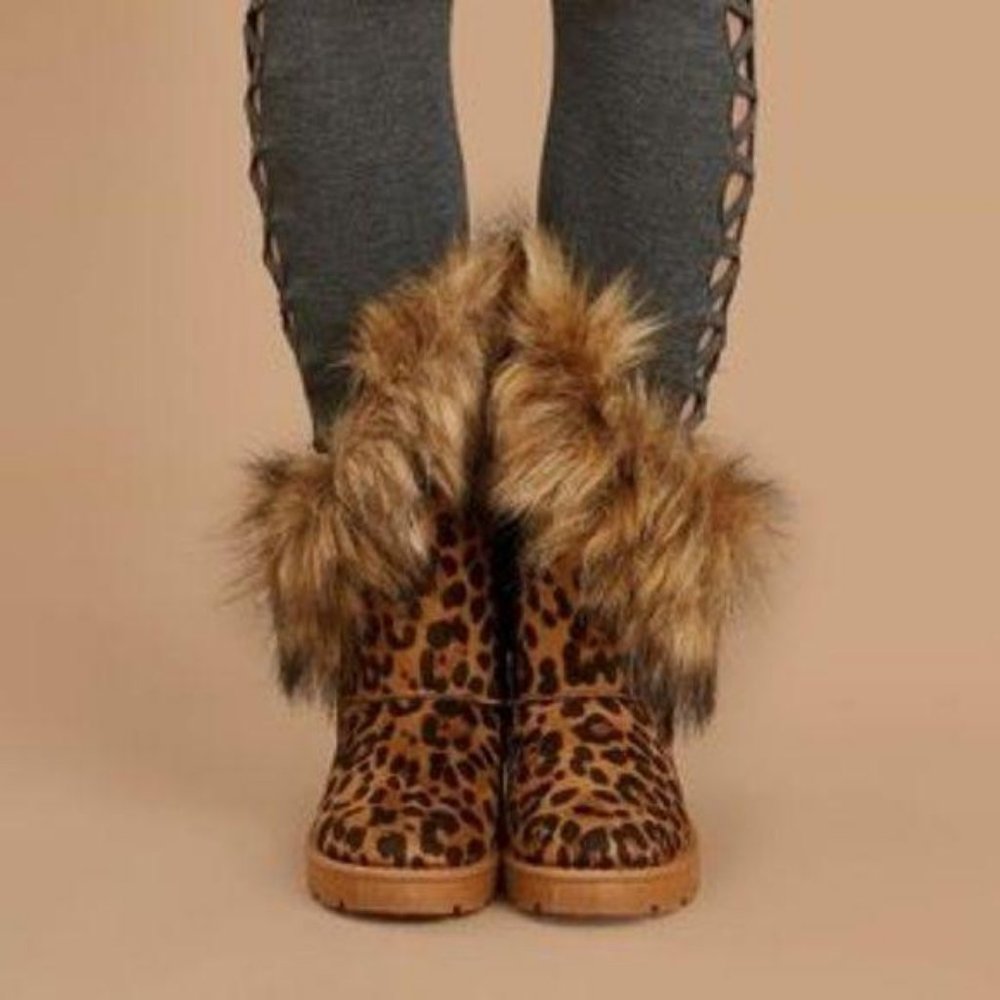 Asymmetrical Faux Fur Pull On Boots in Leopard - Picture 8 of 9